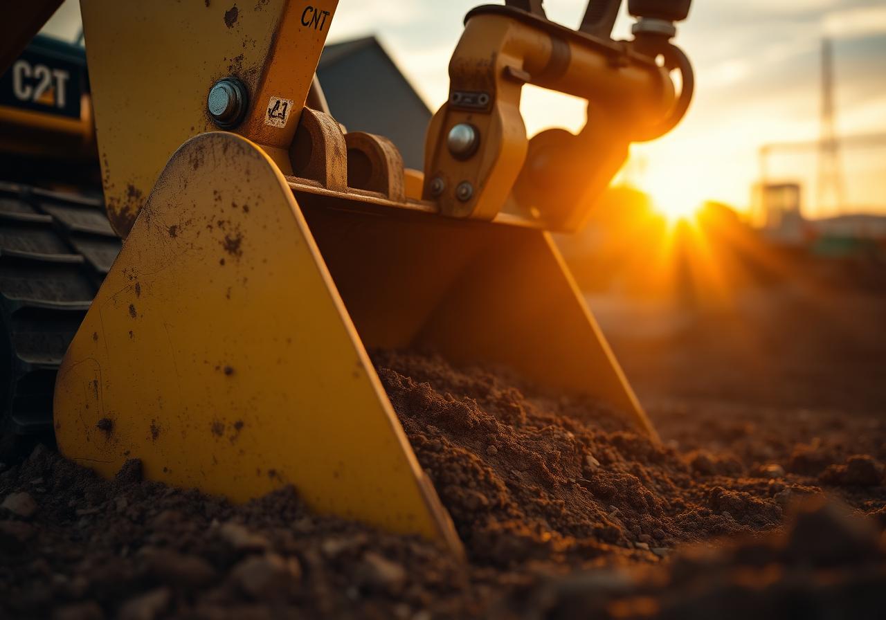 Cazoleta de excavadora trabajando en obra al atardecer