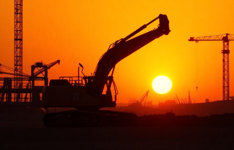 Excavadora en obra al atardecer